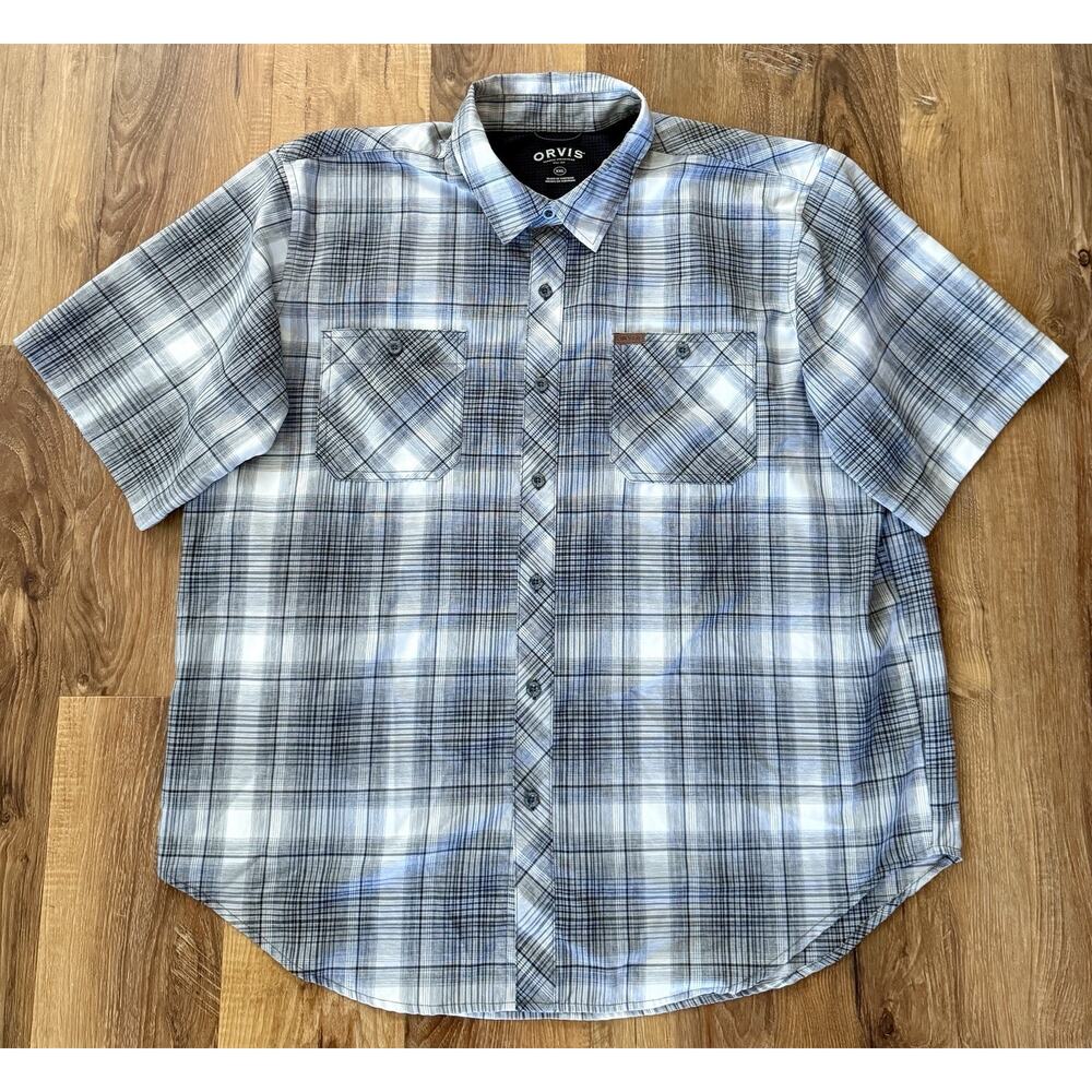 Orvis Men’s XXL Button Down Short‎ Sleeve Gray & White Plaid Shirt EUC